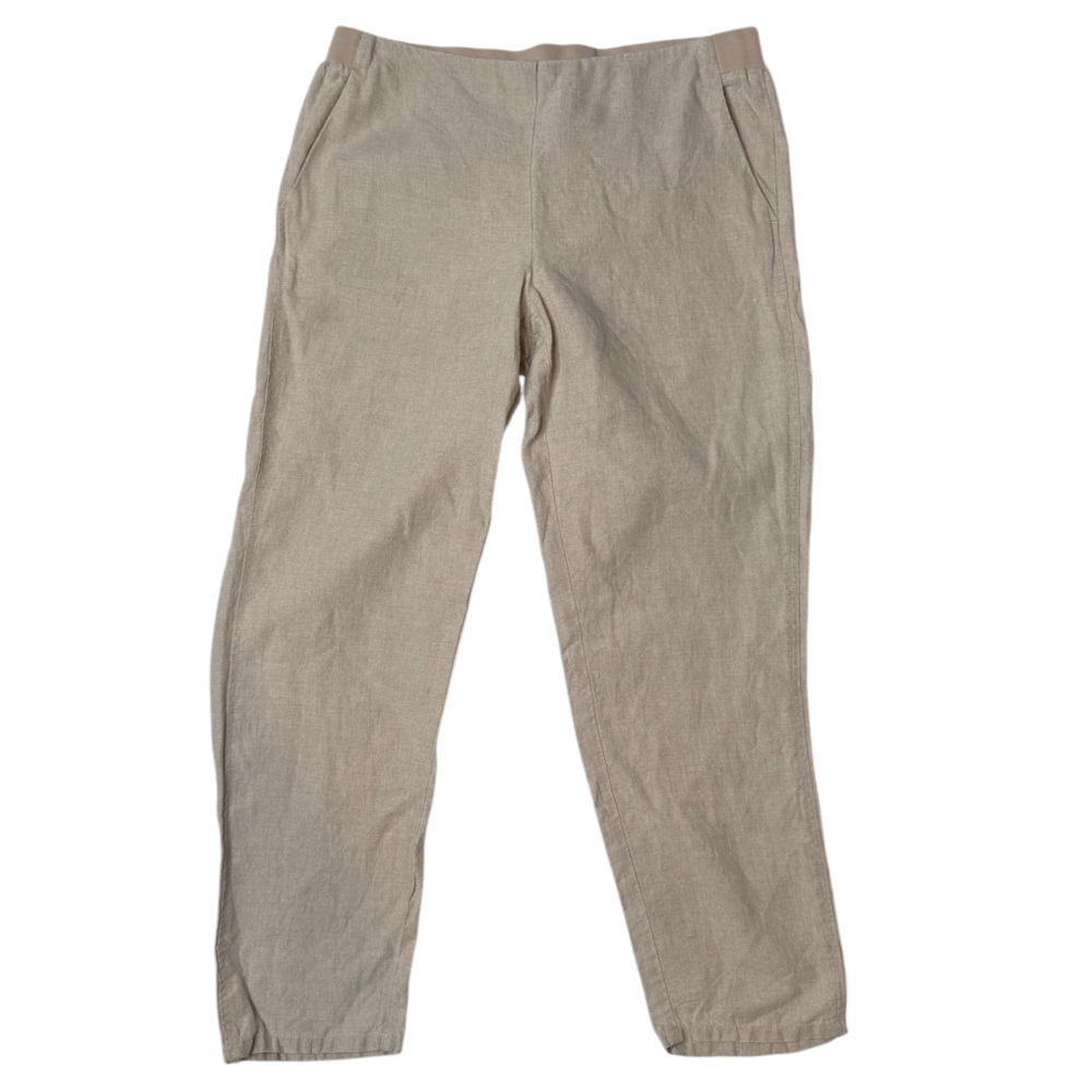 J. Jill Linen Straight Leg Pull On Beige Tan Pocket Pants Medium Elastic Waist